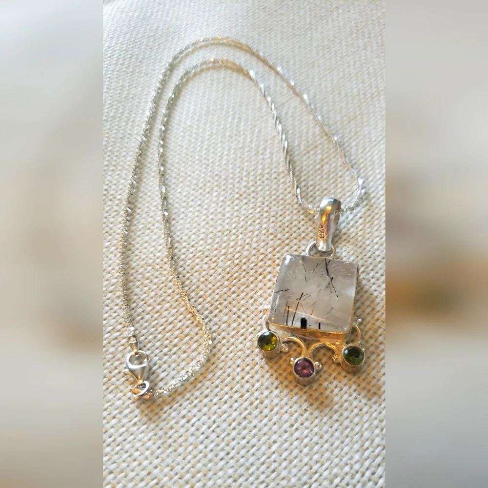 SOLD-Rutile Quartz, Peridot, and Amethyst Sterling Silver Necklace - Picture 8 of 12